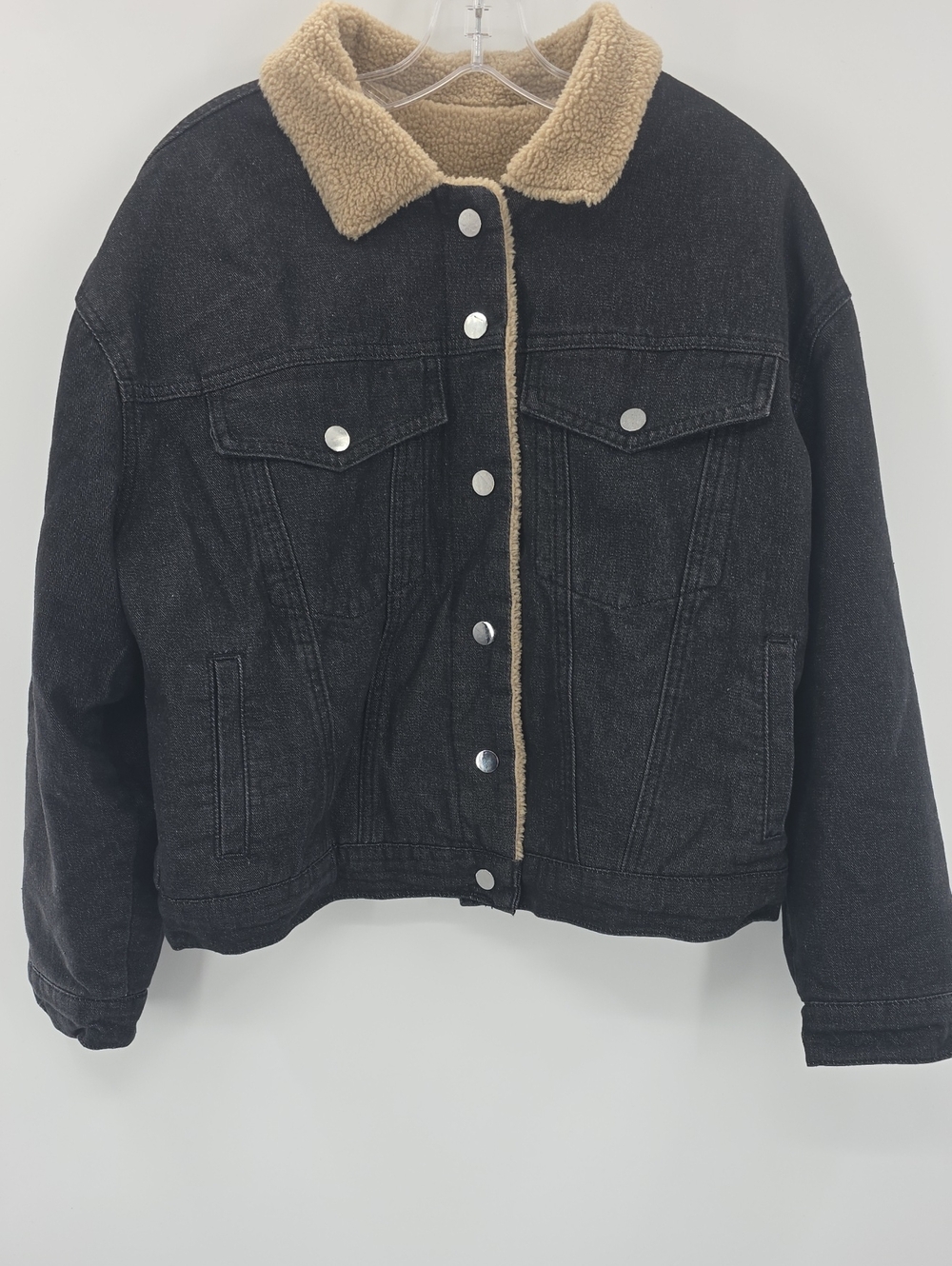 Black Sherpa-Lined Denim Jacket with Tan Collar